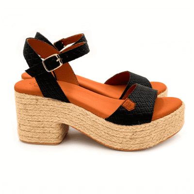 Popa Sandalia Suela De Esparto Tacón Medio Negro Arale Trenzado