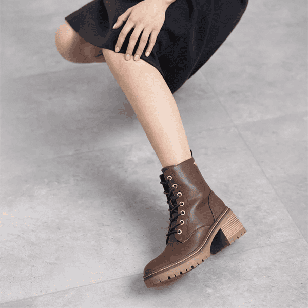 Botines de cuero marrón con tacón grueso y plataforma, calzado de moda para mujer, tienda de calzado Luis Rico.