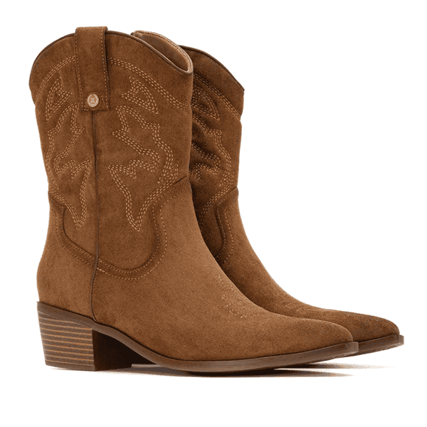 Botas de cuero marrón con tacón grueso y diseño de western, ideales para calzado casual y urbano.