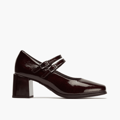 Zapatos de tacón altos de charol negro con doble hebilla para mujer, calzado elegante y de calidad.