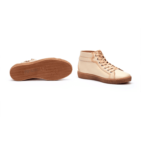 Botines de cuero beige con suela de goma para mujer, zapatos de moda y comodidad.