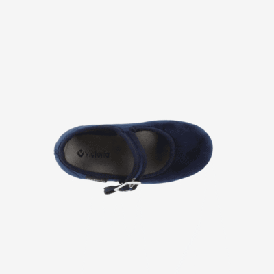 Zapato de bebé de serraje azul marino con cierre de cremallera, ideal para calzado infantil cómodo y de calidad.