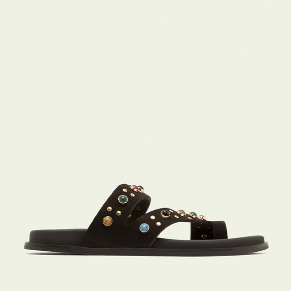 Sandalia plana mujer negra tachuelas doradas piedras colores Porronet