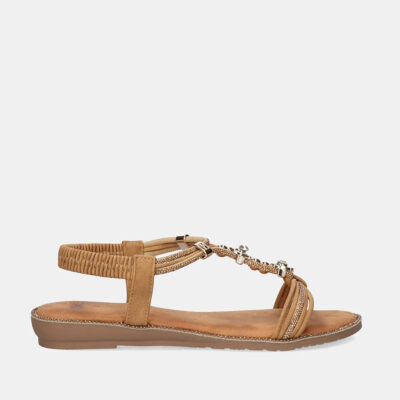 Sandalia EXE  Camel – Sandalia Plana con Pedrería y Estilo Elegante
