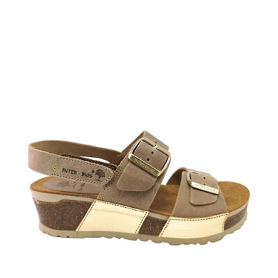 Sandalia bio mujer platino beige velcro cuña baja planta anatómica Inter-Bios