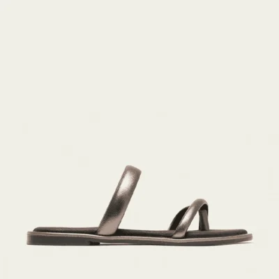 Sandalia plana esclava mujer piel laminada plomo Porronet