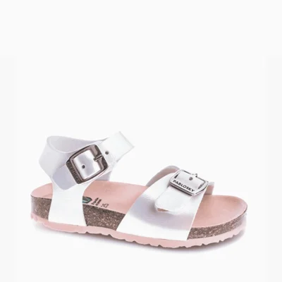 Sandalia bio anatómica niña Pablosky blanca con destellos plata oro doble hebilla