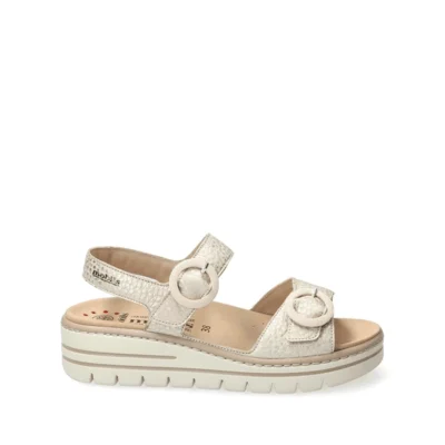 Sandalia confort mujer beige textura reptil doble velcro cuña Mephisto Clara