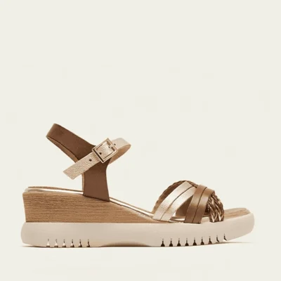 Sandalia cuña media mujer piel taupe detalles dorados Porronet