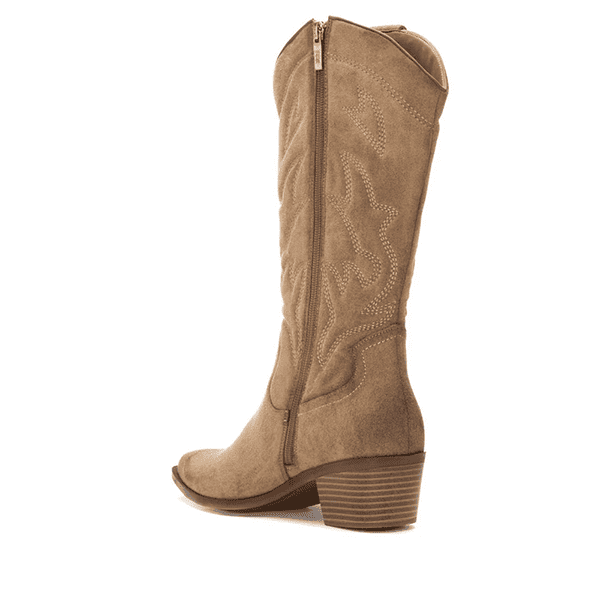 Botas de cuero de mujer con tacón cuadrado en color beige, ideales para calzado de moda y comodidad.
