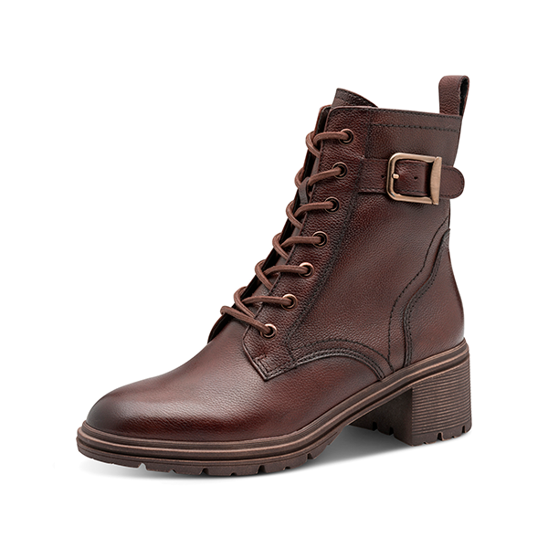 Botín de cuero marrón con cordones y hebilla, calzado de moda para mujer y hombre en tiendas de calzado Luis Rico.