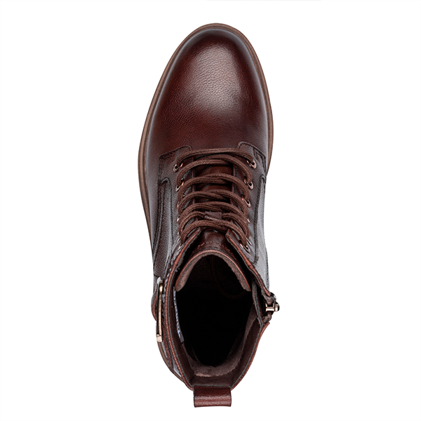 Botín de cuero marrón con cordones y cremallera lateral, calzado de calidad para hombres, estilo elegante y resistente.