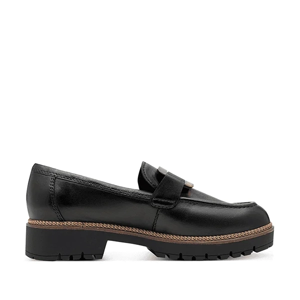 Zapato mujer de cuero negro con suela cómoda y diseño clásico, ideal para calzado formal y casual, disponible en tiendas de calzado Luis Rico.