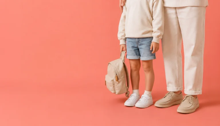 Madre e hijo con zapatillas claras sobre fondo coral