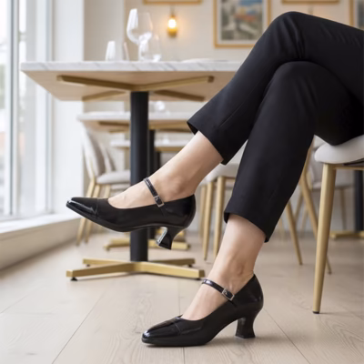 Zapatos salón mujer negro charol Pitillos puestos en modelo