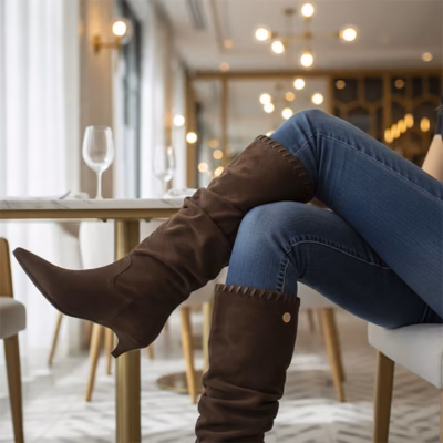 Botas mujer taupe microfibra arrugada Isteria puestas en modelo