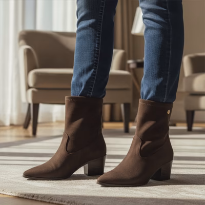 Botines mujer moka tacón ancho punta fina Isteria puestos en modelo