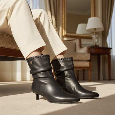 Botines mujer negro caña arrugada tacón fino Isteria puestos en modelo