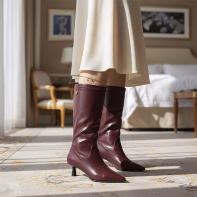 Botas altas mujer burdeos napa elástica Isteria puestas en modelo
