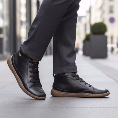 Botines barefoot unisex Pikolinos Aranjuez negro piel puestos en modelo
