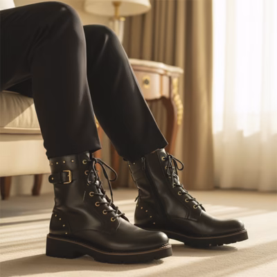 Botines militares mujer Pikolinos Vicar negro piel puestos en modelo