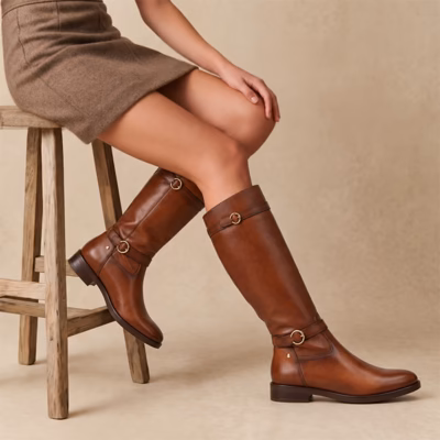 Botas altas mujer piel cuero hebillas Pikolinos Puertollano puestas en modelo
