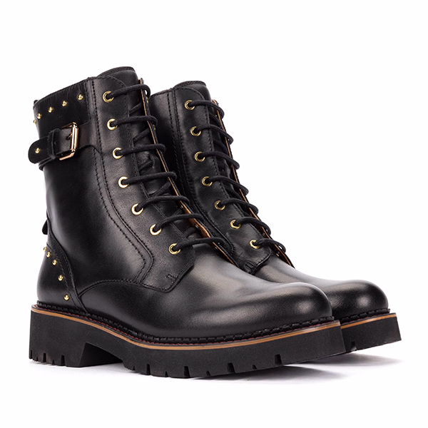 Botines militares mujer Pikolinos Vicar negro piel par vista doble