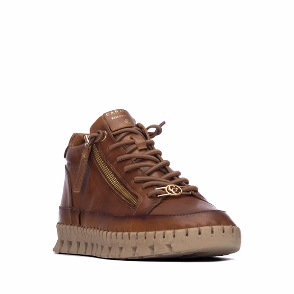 Botines planos mujer Carmela camel piel cordones vista lateral